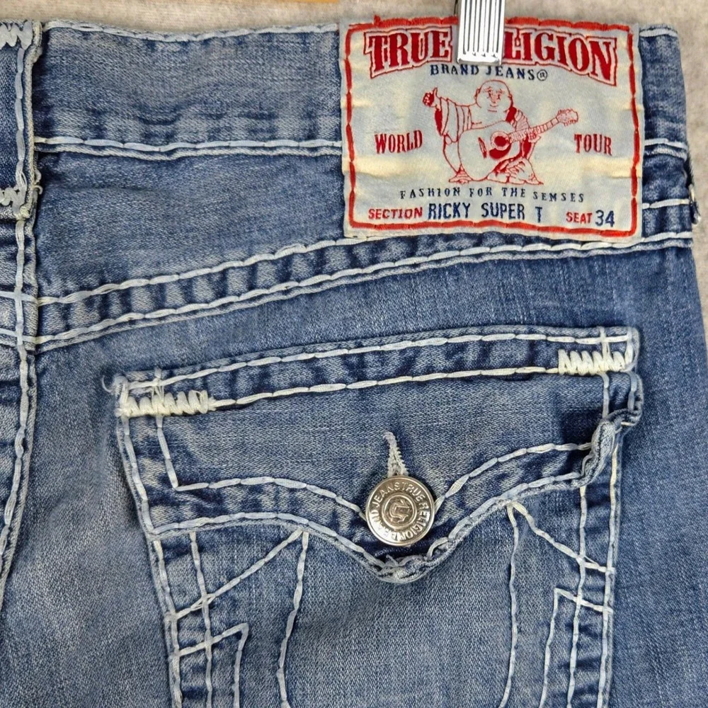 True Religion Ricky Super T Jeans Distressed USA Made Size 38 (Fits 37x33)‎ READ